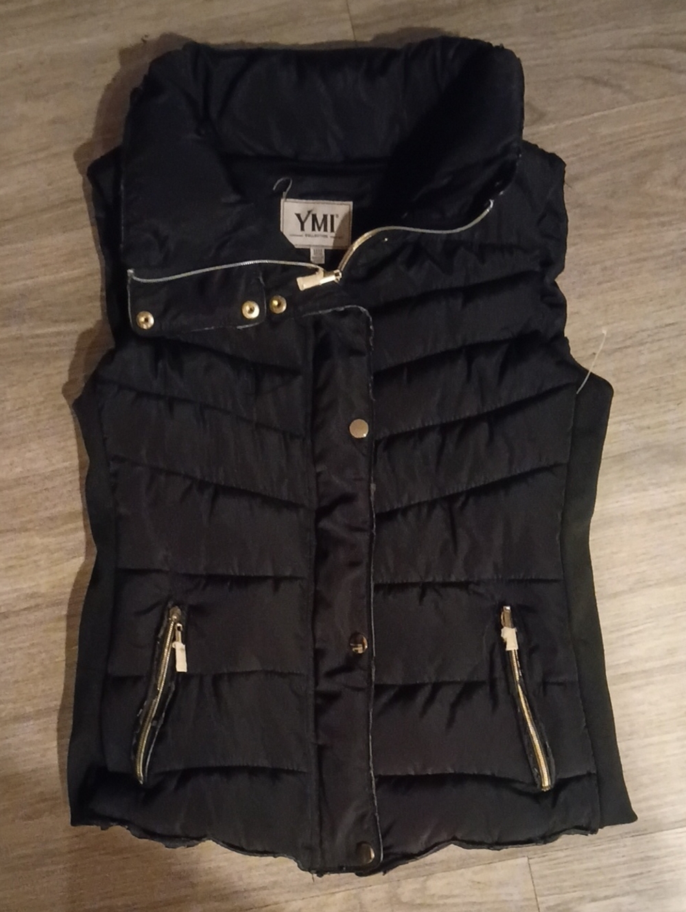 YMI Black Quilted Puffer Vest with Gold Hardware